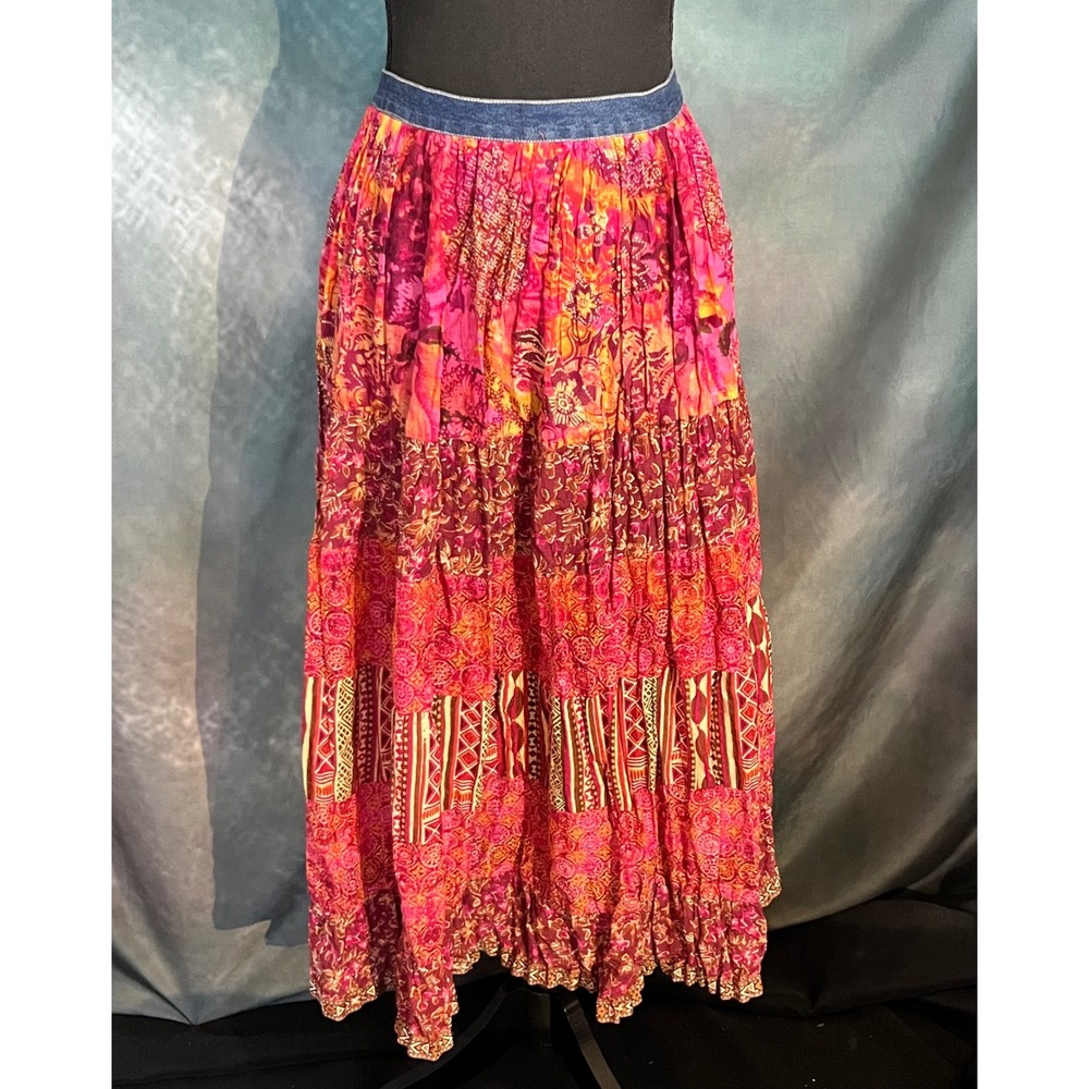 St. John's Bay Vintage Y2K Tiered Maxi Skirt Women's 16 Floral Print Denim Waist